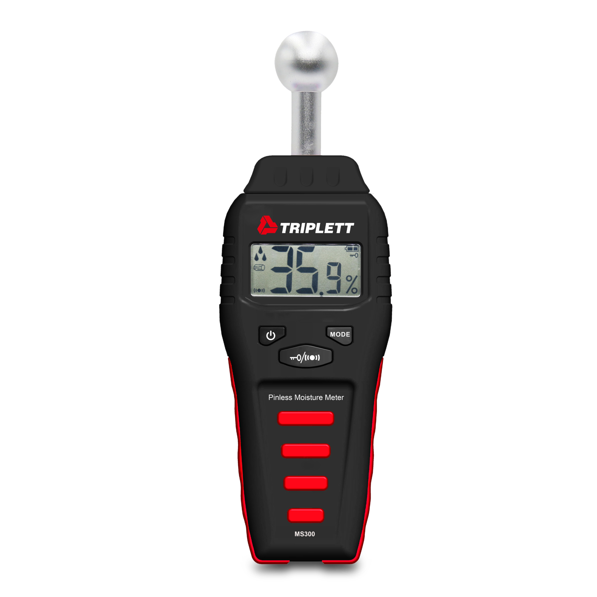 Triplett Pinless Moisture Meter — 0.1–99.9% Range, Spherical Sensor, Audible Indicator, Model# MS300